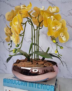 Arranjo Com 4 Orquídeas Amarela Vaso Rose 28cm